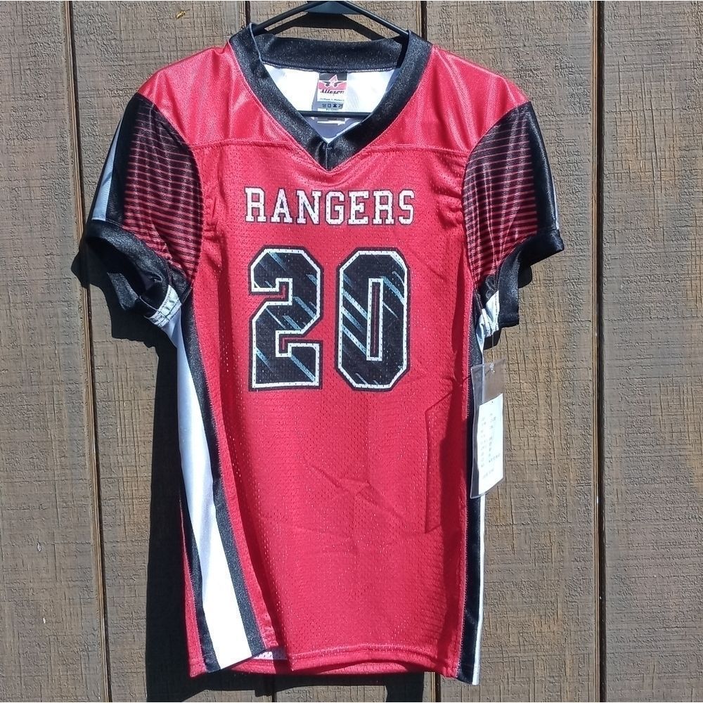 Alleson Athletic poly tricot mesh red black Rangers 20 stripe sleeve NWT Youth M